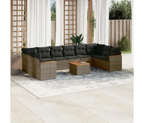 11-Daļīgs Dārza Dīvāna Komplekts Ar Matračiem, Pelēks Pe Pinums Vidaxl