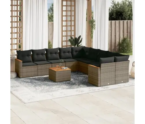 11-Daļīgs Dārza Dīvāna Komplekts Ar Matračiem, Pelēks Pe Pinums Vidaxl