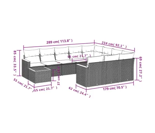 11-Daļīgs Dārza Dīvāna Komplekts Ar Matračiem, Pelēks Pe Pinums Vidaxl