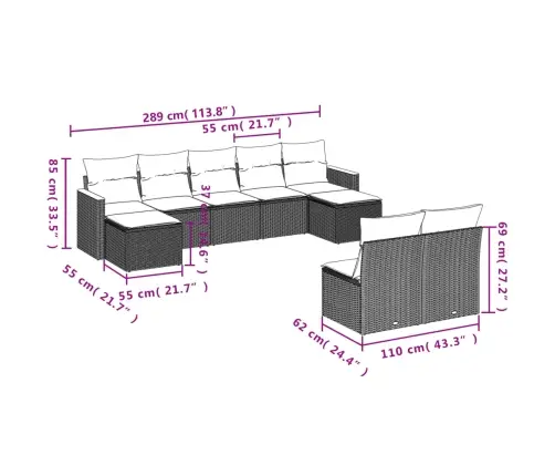 9-Daļīgs Dārza Dīvāna Komplekts Ar Matračiem, Pelēks Pe Pinums Vidaxl