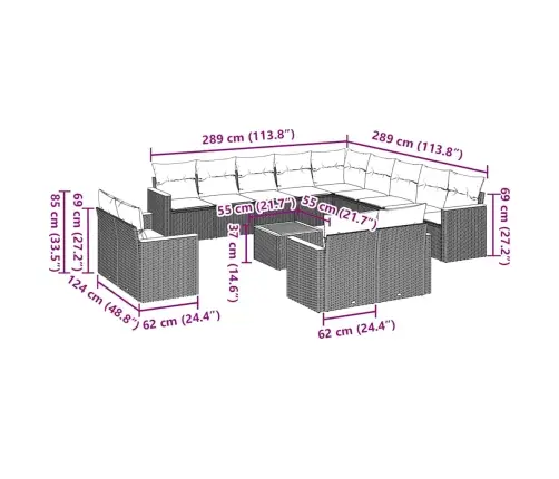 14-Daļīgs Dārza Dīvāna Komplekts, Matrači, Melna Pe Rotangpalma Vidaxl