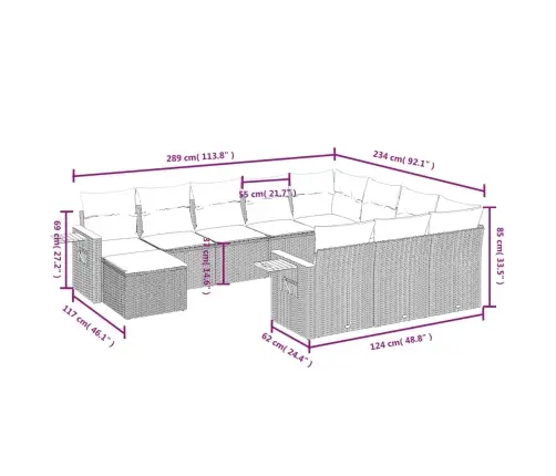 11-Daļīgs Dārza Dīvāna Komplekts Ar Matračiem, Pelēks Pe Pinums Vidaxl