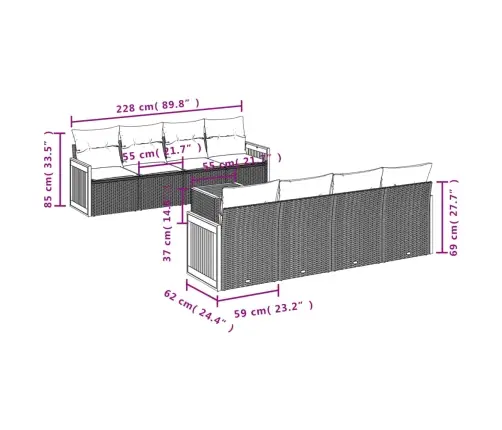 9-Daļīgs Dārza Dīvānu Komplekts, Matrači, Bēša Pe Rotangpalma Vidaxl