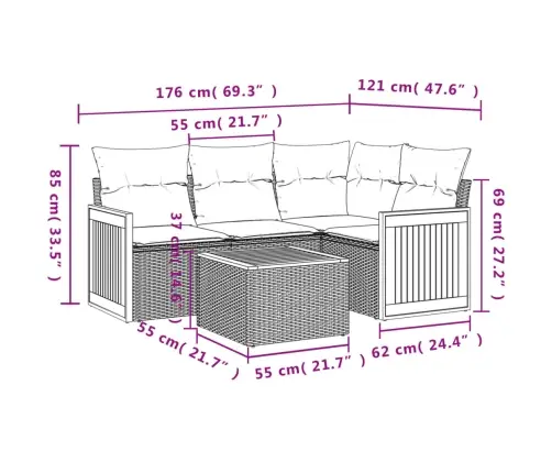 5-Osaline Aiamööblikomplekt Istmepatjadega, Polürotang, Hall