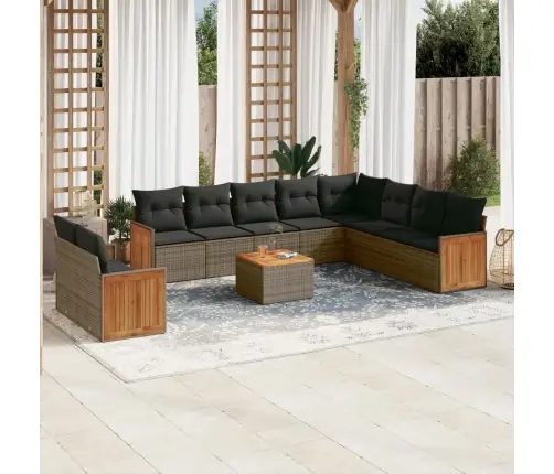 11-Daļīgs Dārza Dīvāna Komplekts Ar Matračiem, Pelēks Pe Pinums Vidaxl