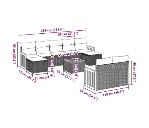 10-Daļīgs Dārza Dīvāna Komplekts, Matrači, Melna Pe Rotangpalma Vidaxl