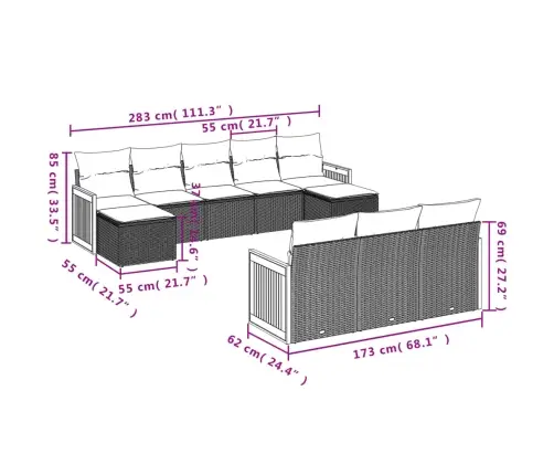 10-Daļīgs Dārza Dīvāna Komplekts Ar Matračiem, Pelēks Pe Pinums Vidaxl