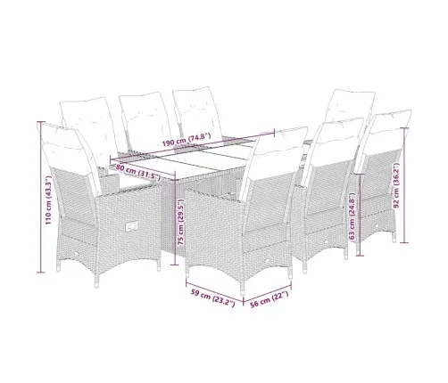 9-Daļīgs Dārza Mēbeļu Komplekts, Matrači, Melns, Pe Rotangpalma Vidaxl