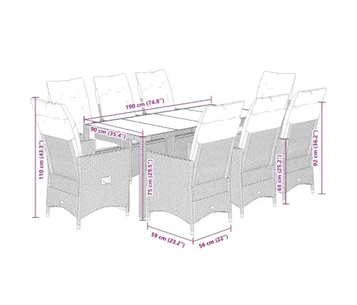 9-Daļīgs Dārza Mēbeļu Komplekts, Matrači, Melns, Pe Rotangpalma Vidaxl