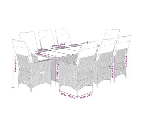 9-Daļīgs Dārza Mēbeļu Komplekts, Matrači, Melns, Pe Rotangpalma Vidaxl