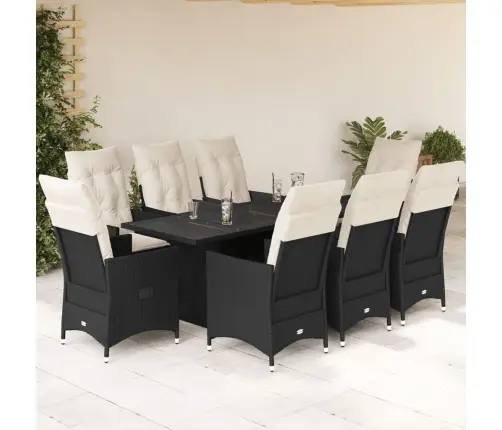 9-Daļīgs Dārza Mēbeļu Komplekts, Matrači, Melns, Pe Rotangpalma Vidaxl