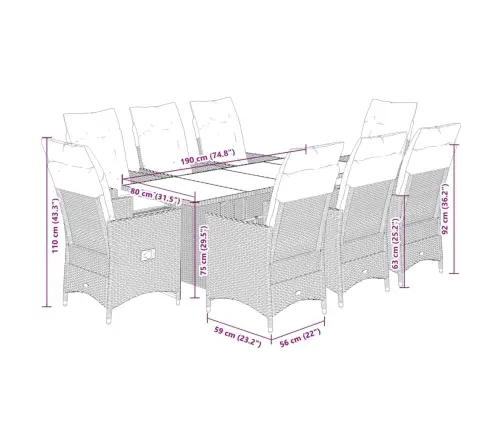 9-Daļīgs Dārza Mēbeļu Komplekts, Matrači, Melns, Pe Rotangpalma Vidaxl
