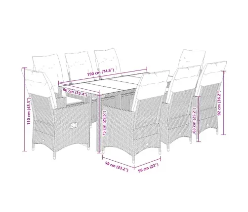 9-Osaline Aiamööbli Komplekt Patjadega, Hall, Polürotang
