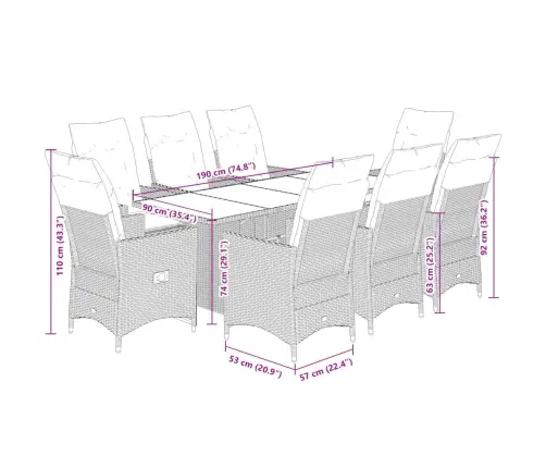 9-Osaline Aiamööbli Komplekt Patjadega, Hall, Polürotang