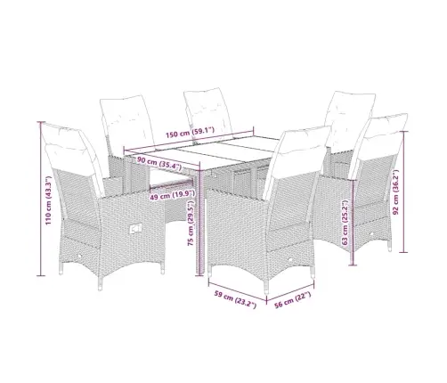 7-Daļīgs Dārza Mēbeļu Komplekts, Matrači, Brūna Pe Rotangpalma Vidaxl
