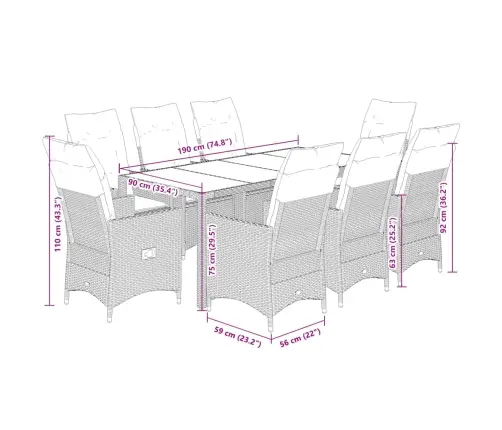 9-Daļīgs Dārza Mēbeļu Komplekts, Matrači, Brūna Pe Rotangpalma Vidaxl