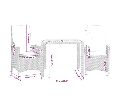 3-Osaline Bistrookomplekt Patjadega, Must, Polürotang
