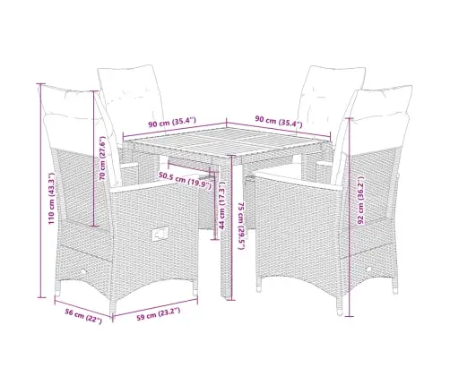 5-Daļīgs Dārza Mēbeļu Komplekts, Matrači, Melna Pe  Rotangpalma Vidaxl