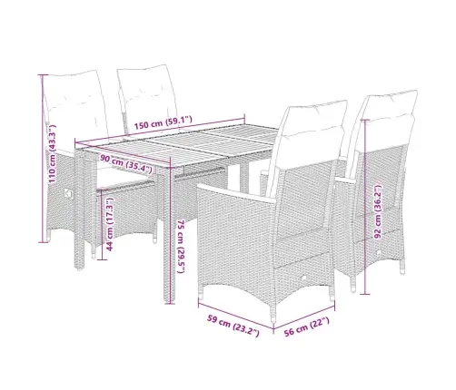 5-Daļīgs Dārza Mēbeļu Komplekts, Matrači, Melna Pe  Rotangpalma Vidaxl