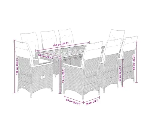 9-Daļīgs Dārza Mēbeļu Komplekts, Matrači, Melns, Pe Rotangpalma Vidaxl