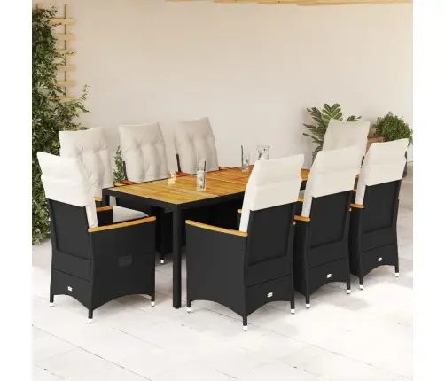 9-Daļīgs Dārza Mēbeļu Komplekts, Matrači, Melns, Pe Rotangpalma Vidaxl