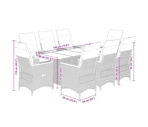9-Daļīgs Dārza Mēbeļu Komplekts, Matrači, Melns, Pe Rotangpalma Vidaxl