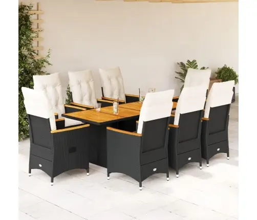 9-Daļīgs Dārza Mēbeļu Komplekts, Matrači, Melns, Pe Rotangpalma Vidaxl