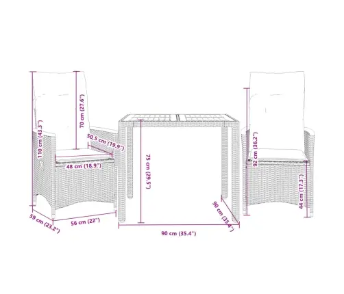 3-Daļīgs Bistro Mēbeļu Komplekts, Matrači,Pelēka Pe Rotangpalma Vidaxl