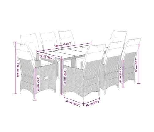 9-Daļīgs Dārza Mēbeļu Komplekts, Matrači, Melns, Pe Rotangpalma Vidaxl
