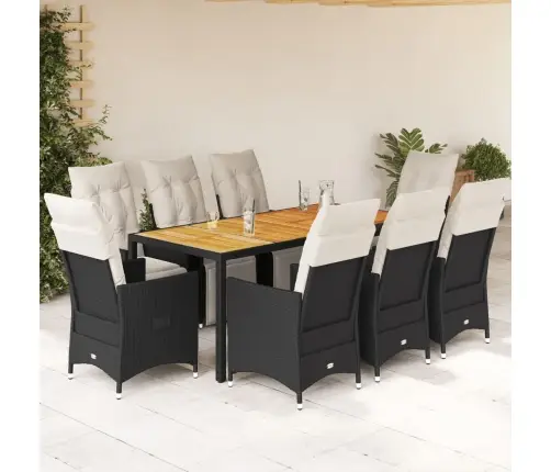 9-Daļīgs Dārza Mēbeļu Komplekts, Matrači, Melns, Pe Rotangpalma Vidaxl