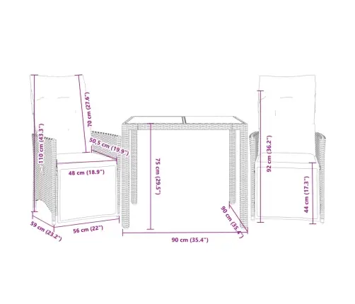 3-Osaline Bistrookomplekt Patjadega, Must, Polürotang