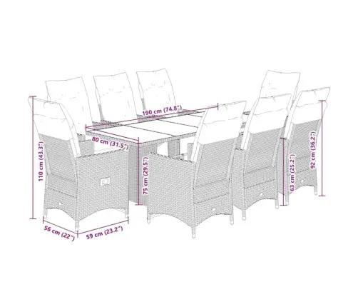 9-Daļīgs Bistro Mēbeļu Komplekts, Matrači, Brūna Pe Rotangpalma Vidaxl