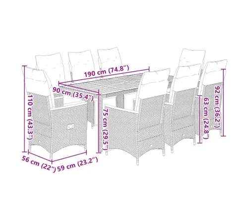 9-Daļīgs Bistro Mēbeļu Komplekts, Matrači, Pelēks Pe Vidaxl