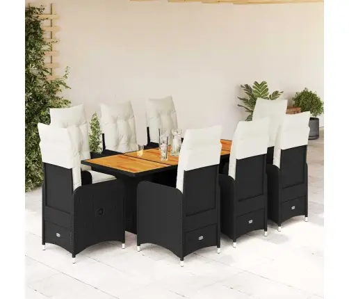 9-Daļīgs Bistro Mēbeļu Komplekts, Matrači, Melna Pe Rotangpalma Vidaxl