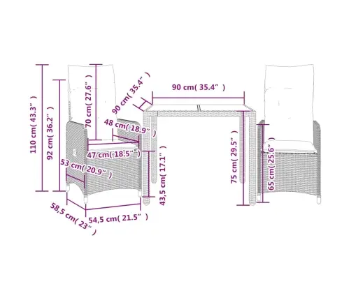 3-Daļīgs Bistro Mēbeļu Komplekts Ar Matračiem, Pe Rotangpalma Vidaxl