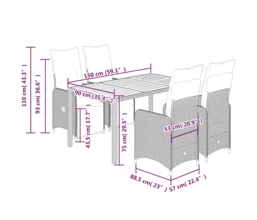 5-Daļīgs Bistro Mēbeļu Komplekts, Matrači, Melna Pe Rotangpalma Vidaxl