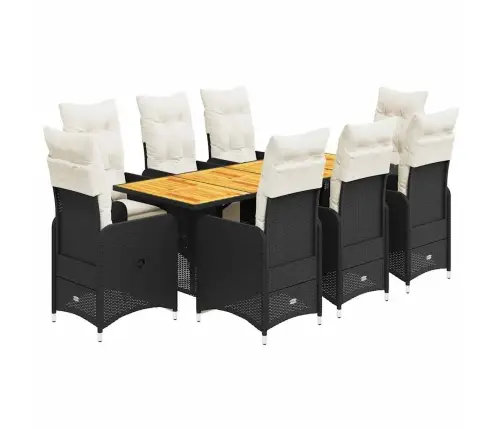 9-Daļīgs Bistro Mēbeļu Komplekts, Matrači, Melna Pe Rotangpalma Vidaxl