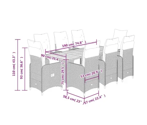 9-Daļīgs Bistro Mēbeļu Komplekts, Matrači, Melna Pe Rotangpalma Vidaxl
