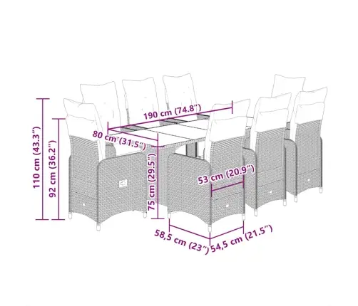 9-Daļīgs Bistro Mēbeļu Komplekts, Matrači, Melna Pe Rotangpalma Vidaxl