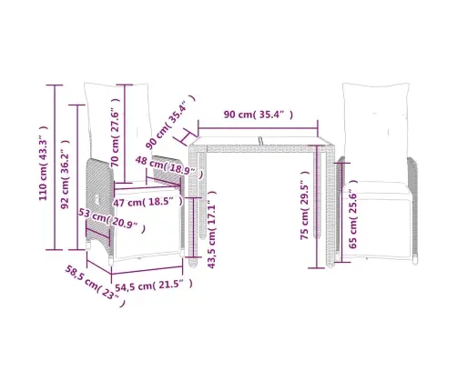3-Osaline Aia Bistrookomplekt Patjadega, Pruun, Polürotang