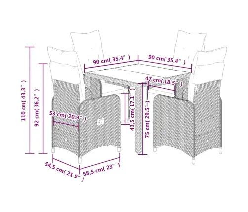 5-Osaline Aia Bistrookomplekt Patjadega, Pruun, Polürotang