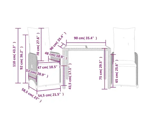 3-Daļīgs Bistro Mēbeļu Komplekts Ar Matračiem, Pe Rotangpalma Vidaxl