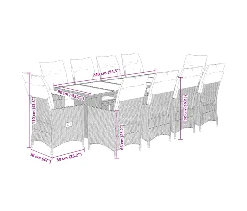 11Daļīgs Bistro Mēbeļu Komplekts Matrači, Melna, Pe Rotangpalma Vidaxl