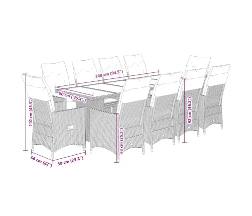 11Daļīgs Bistro Mēbeļu Komplekts, Matrači, Melna Pe Rotangpalma Vidaxl