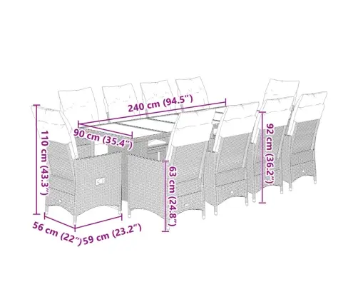 11Daļīgs Bistro Mēbeļu Komplekts, Matrači, Bēša Pe Rotangpalma Vidaxl