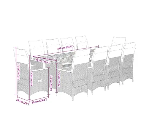 11Daļīgs Bistro Mēbeļu Komplekts, Matrači, Melna Pe Rotangpalma Vidaxl