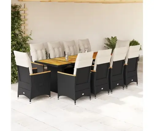 11Daļīgs Bistro Mēbeļu Komplekts, Matrači, Melna Pe Rotangpalma Vidaxl