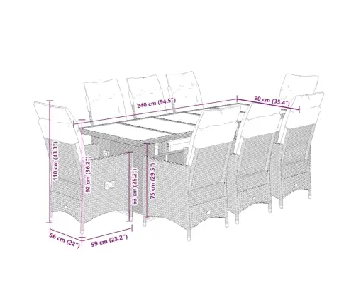 9-Daļīgs Bistro Mēbeļu Komplekts, Matrači, Melna Pe Rotangpalma Vidaxl