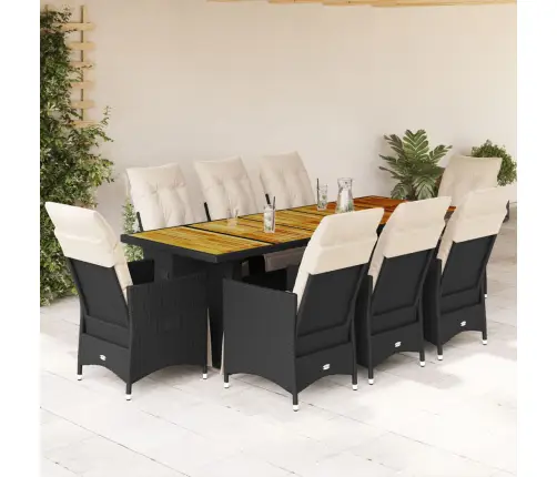 9-Daļīgs Bistro Mēbeļu Komplekts, Matrači, Melna Pe Rotangpalma Vidaxl