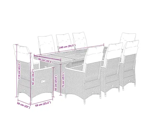 9-Daļīgs Bistro Mēbeļu Komplekts, Matrači, Melna Pe Rotangpalma Vidaxl